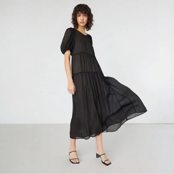 Oak + Fort Puff Sleeve Tiered Midi Maxi Dress Size Large Black - Picture 1 of 14
